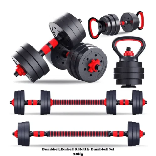 Adjustable 20 Kg Set for Dumbbell, Barbell & Kettlebell all in 1 Fitness Product. for Home Gym Full-Body Workout Strength Training Weight Loss Good for Beginners